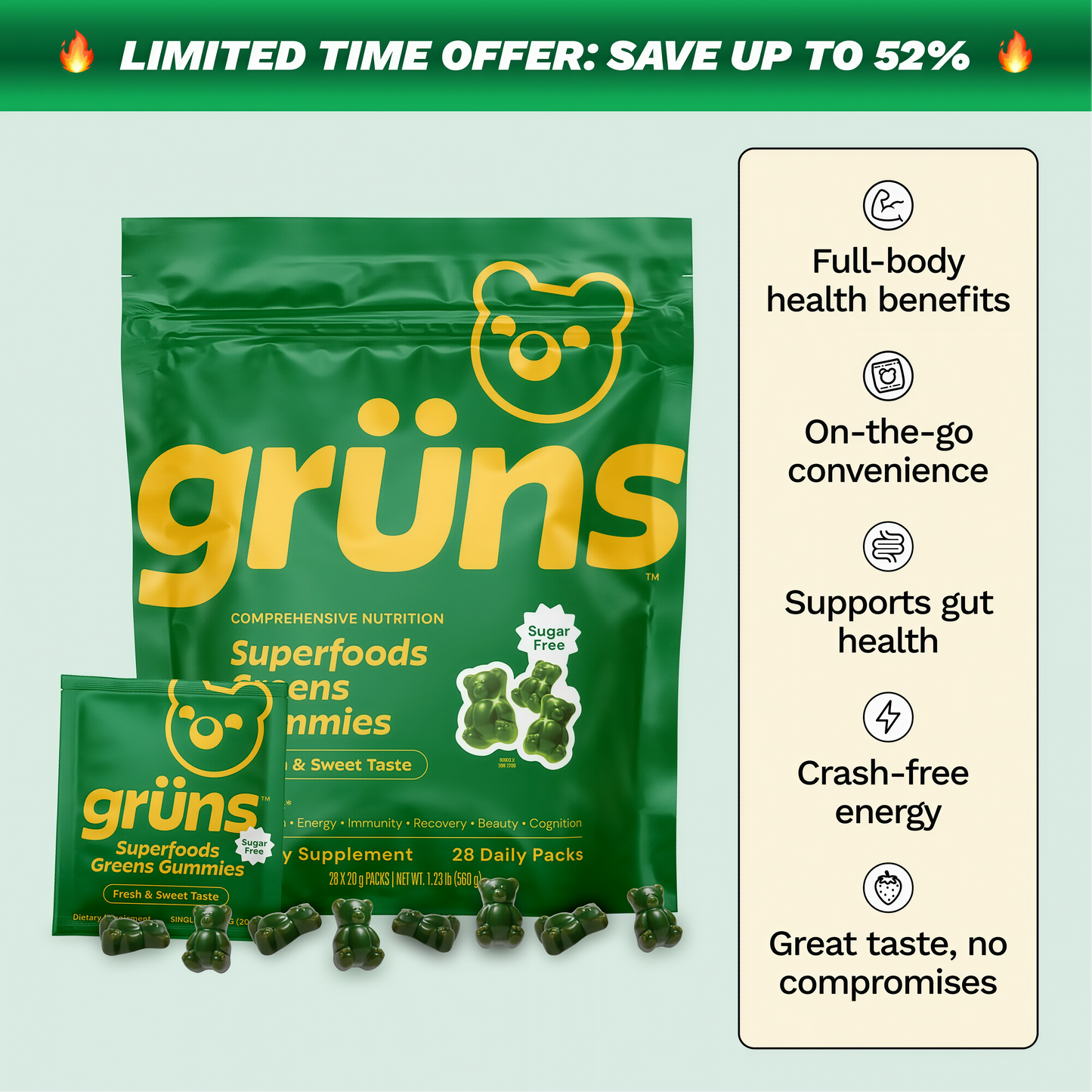 Grüns Adult Super Greens Multivitamin Gummies, Superfood Gummy Vitamins for Women and Men with Spirulina, Chlorella, Adaptogens & Prebiotic Fiber for Digestive Health (28 Count)