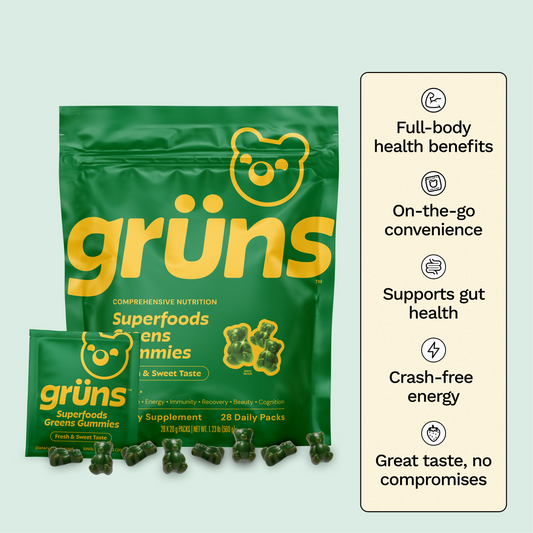 Grüns Adult Super Greens Multivitamin Gummies, Superfood Gummy Vitamins for Women and Men with Spirulina, Chlorella, Adaptogens & Prebiotic Fiber for Digestive Health (28 Count)
